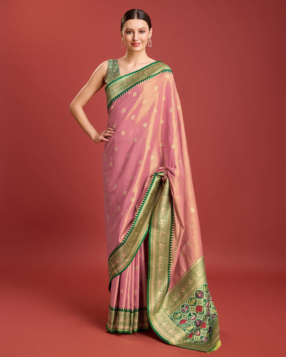 Monjolika Fashion Exquisite Designs With This Regal Rose Pink Patola Pallu Banarasi Tissue Silk Saree