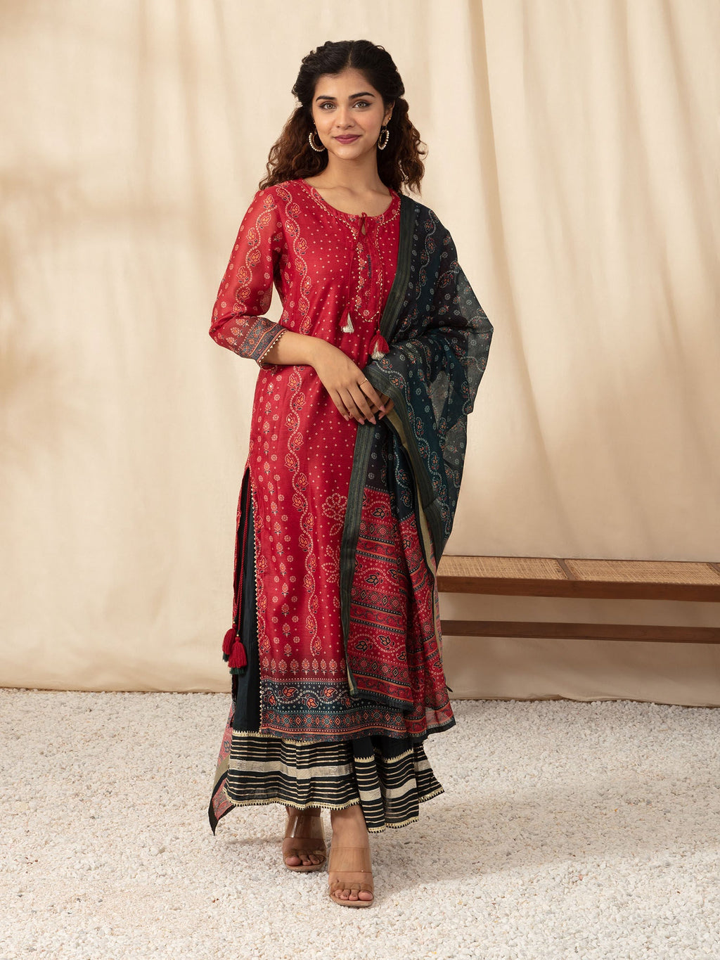 Likha Maroon with Bandhani Printed Kurta Sharara and Dupatta LIKSKD100 (Set of 3)