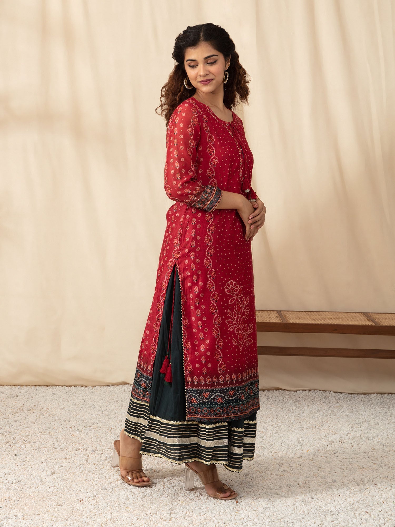 Likha Maroon with Bandhani Printed Kurta Sharara and Dupatta LIKSKD100 (Set of 3)