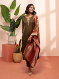 Likha Green Satin Hand Embroidered Kurta Pant and Dupatta LIKSKD129 (Set of 3)