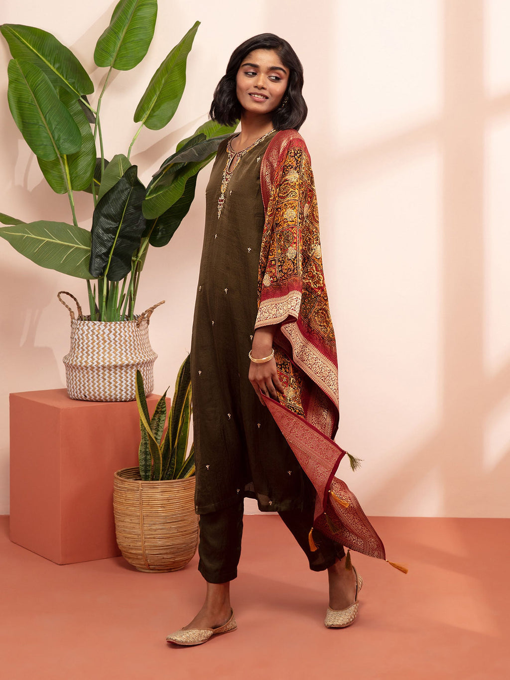 Likha Green Satin Hand Embroidered Kurta Pant and Dupatta LIKSKD129 (Set of 3)