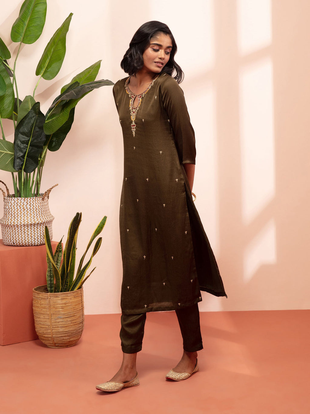 Likha Green Satin Hand Embroidered Kurta Pant and Dupatta LIKSKD129 (Set of 3)