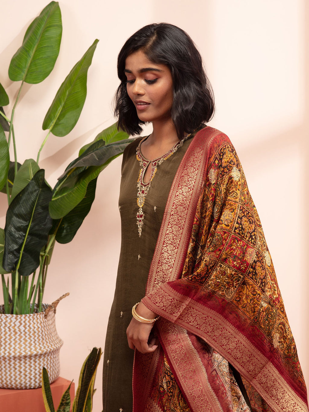 Likha Green Satin Hand Embroidered Kurta Pant and Dupatta LIKSKD129 (Set of 3)