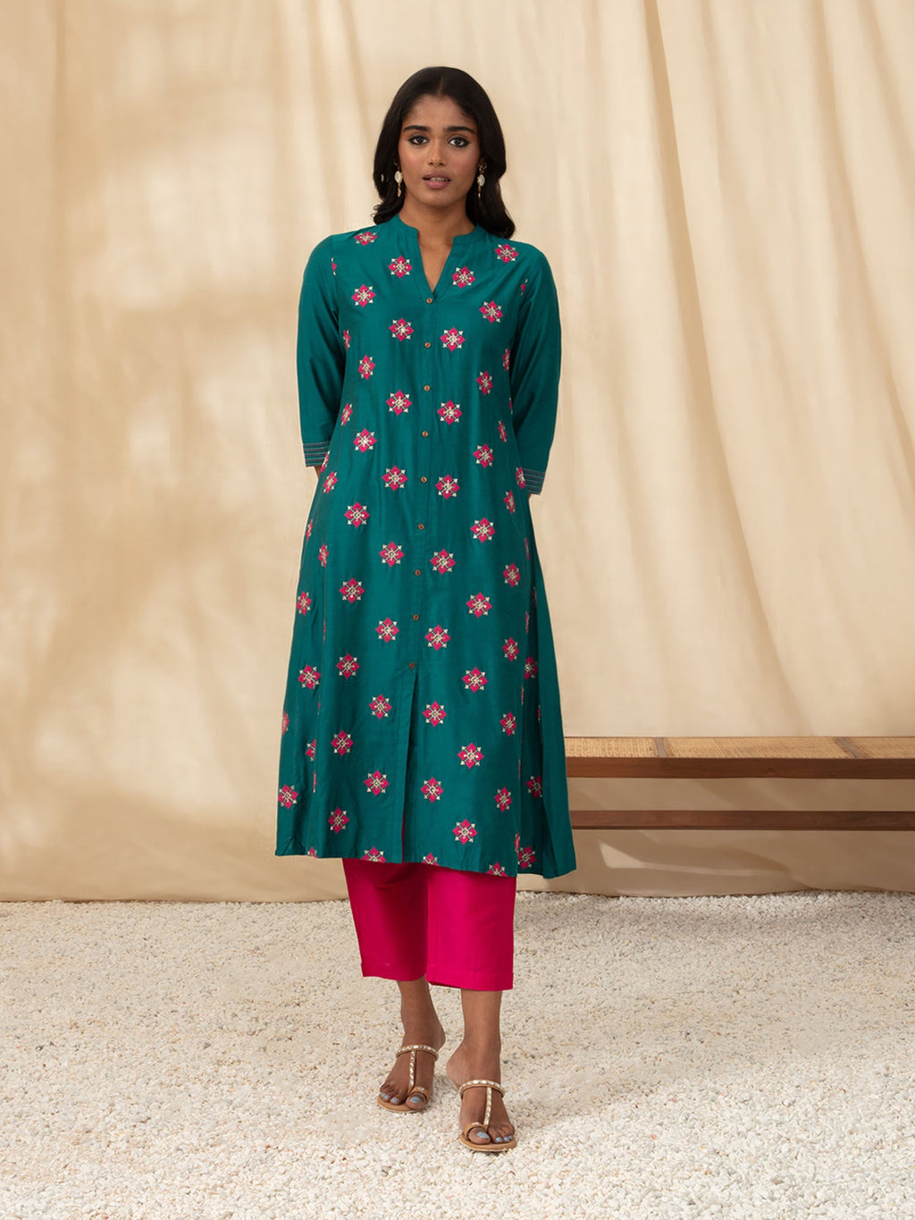 Likha Teal Blue Art Silk Embroidered Co-ord Set LIKSKD243 (Set of 2)
