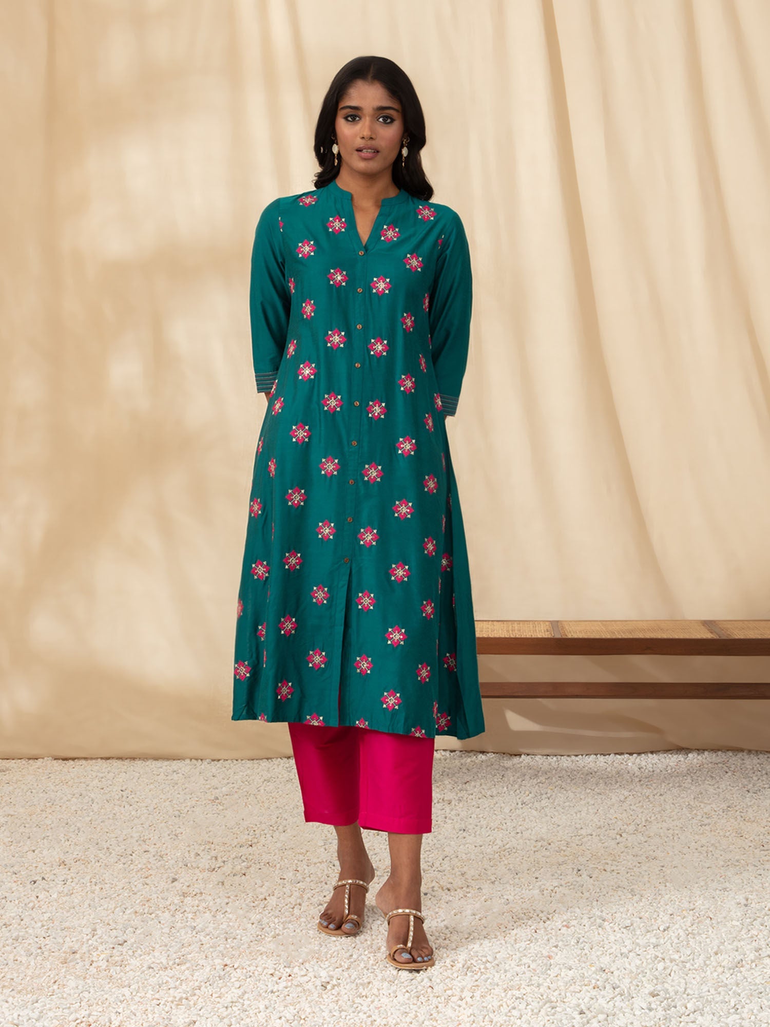Likha Teal Blue Art Silk Embroidered Co-ord Set LIKSKD243 (Set of 2)
