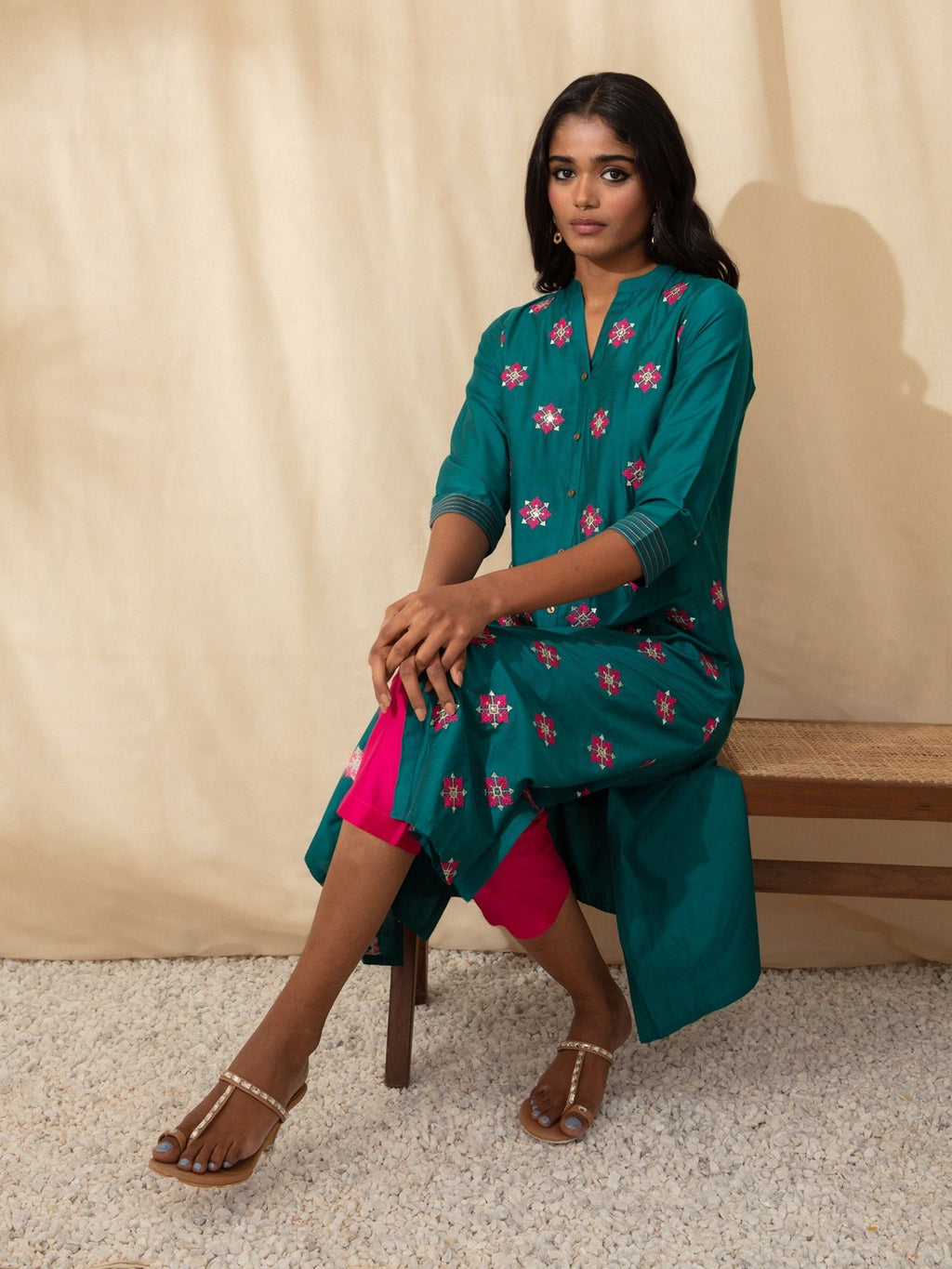 Likha Teal Blue Art Silk Embroidered Co-ord Set LIKSKD243 (Set of 2)