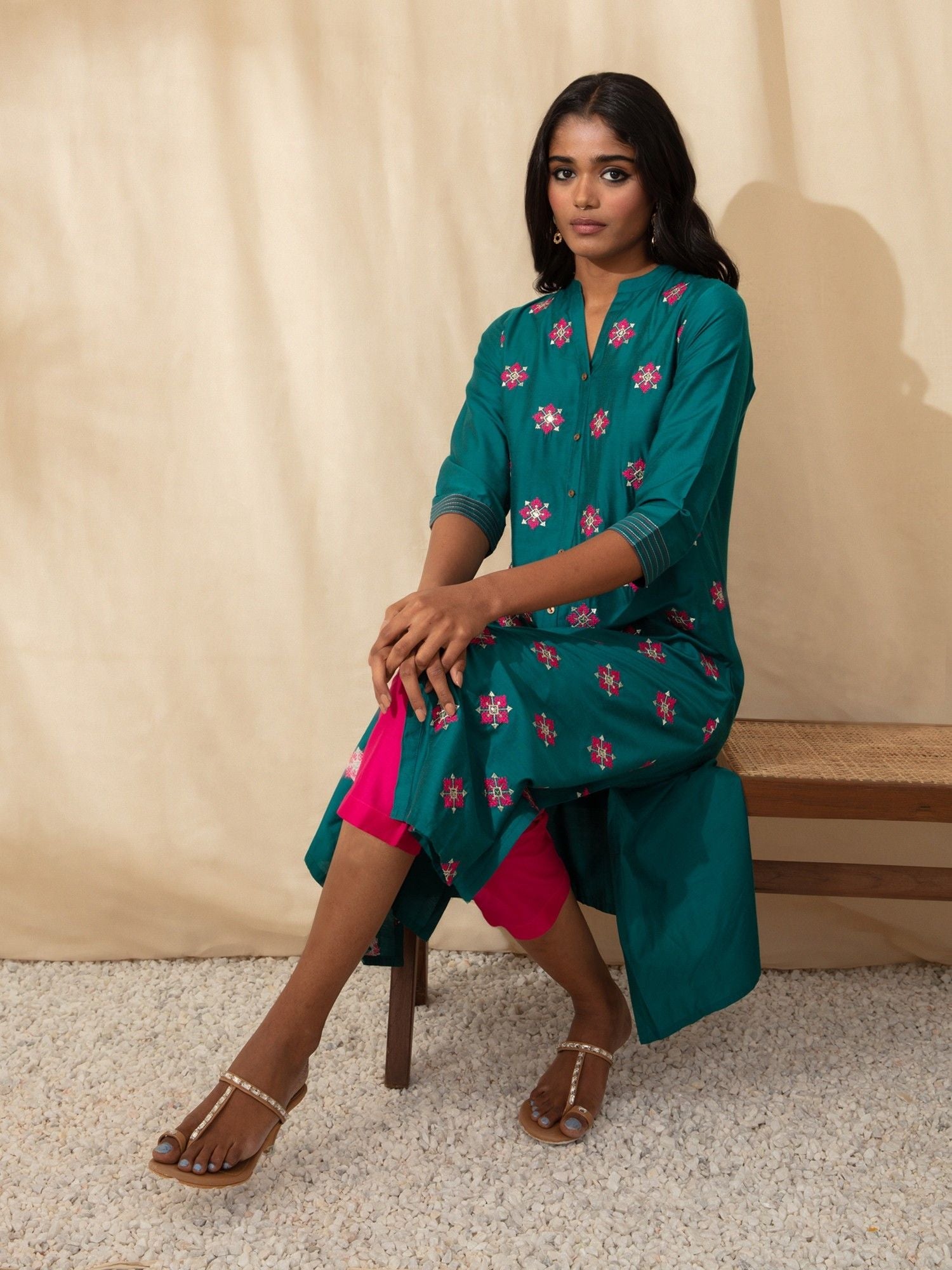 Likha Teal Blue Art Silk Embroidered Co-ord Set LIKSKD243 (Set of 2)
