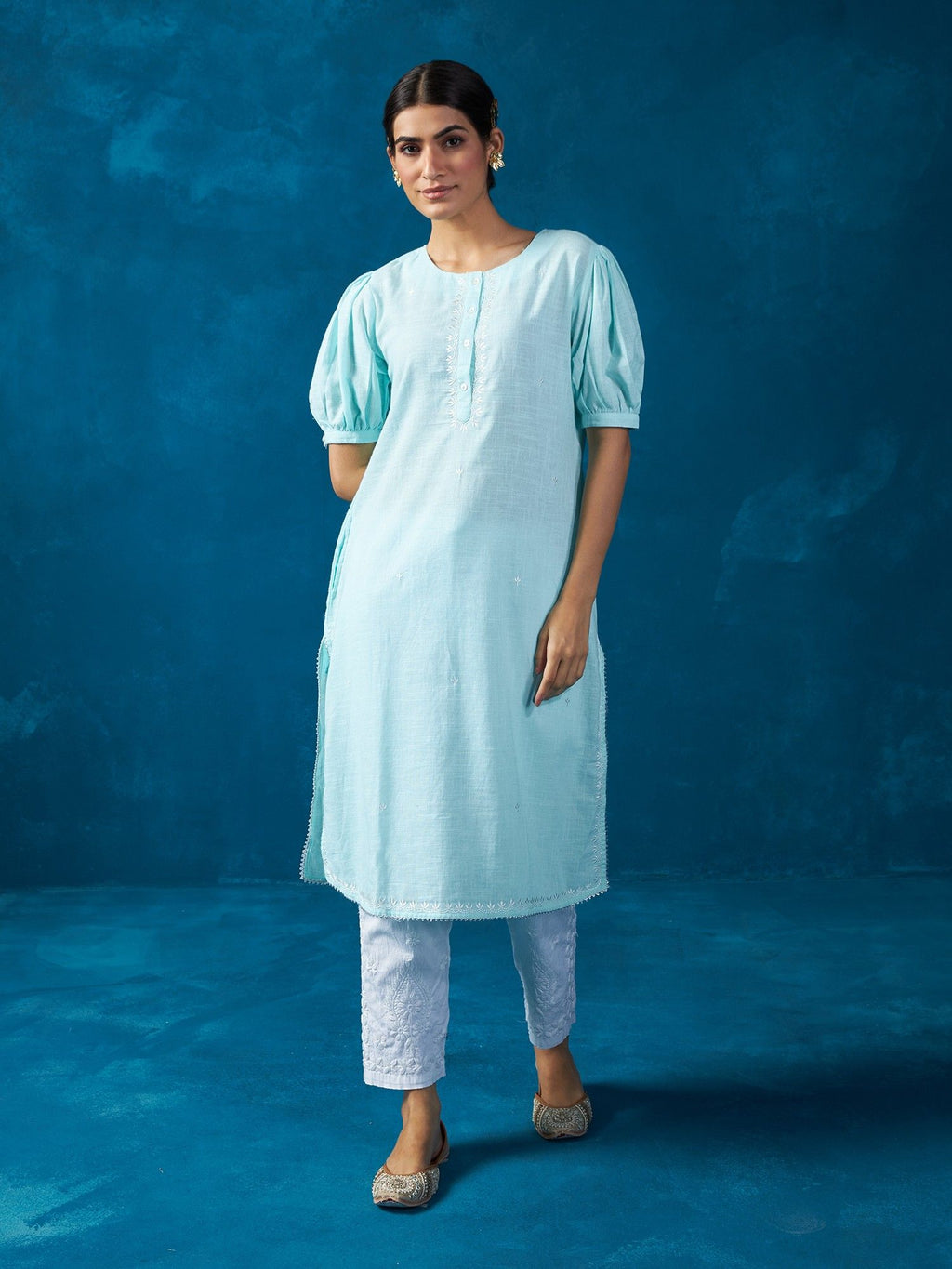 Likha Blue Cotton Slub Embroidered Co-ord Set LIKSKD245 (Set of 2)