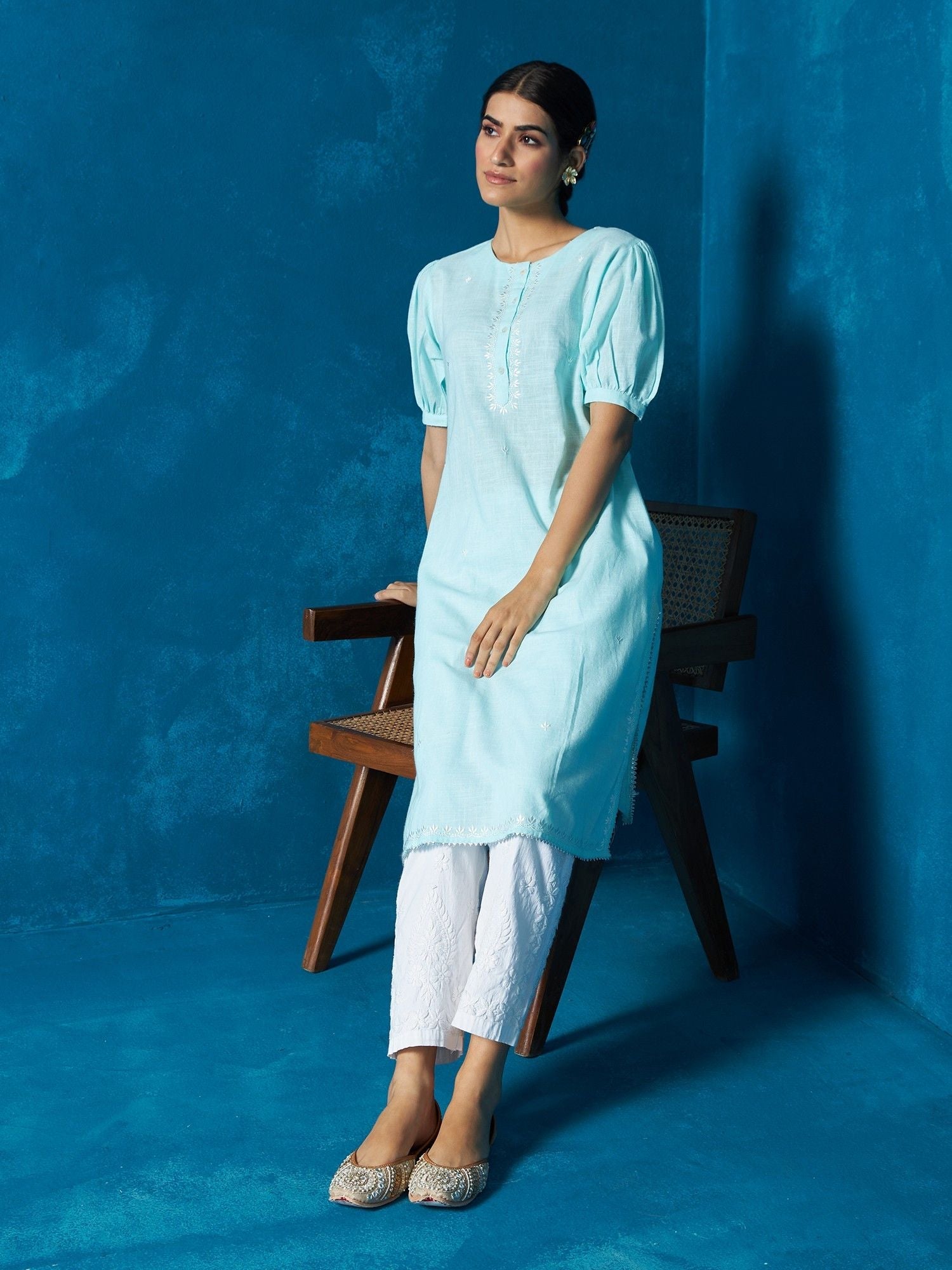 Likha Blue Cotton Slub Embroidered Co-ord Set LIKSKD245 (Set of 2)