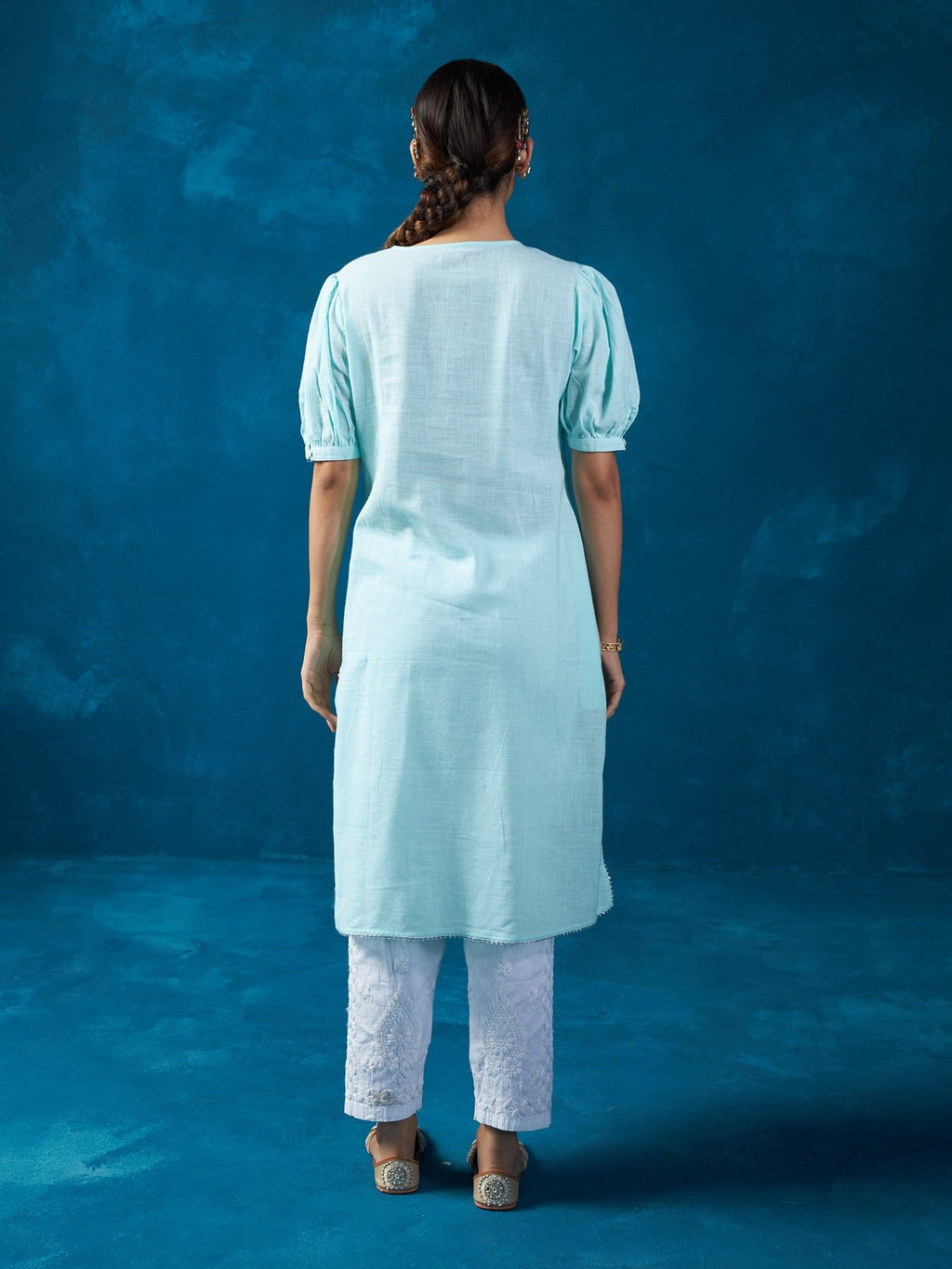 Likha Blue Cotton Slub Embroidered Co-ord Set LIKSKD245 (Set of 2)