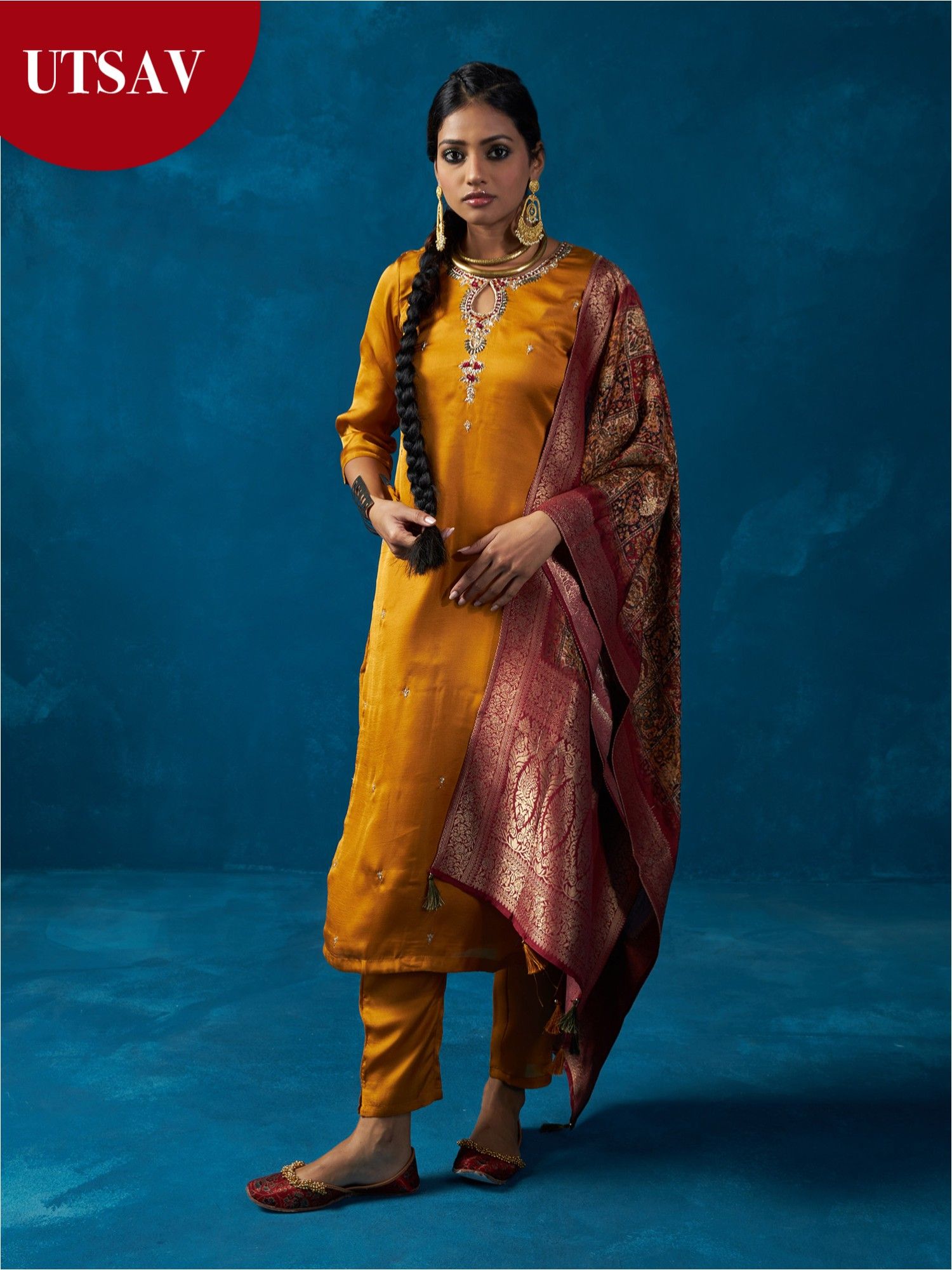 Likha Mustard Satin Silk Kurta Pant and Brocade Dupatta LIKSKD129 (Set of 3)