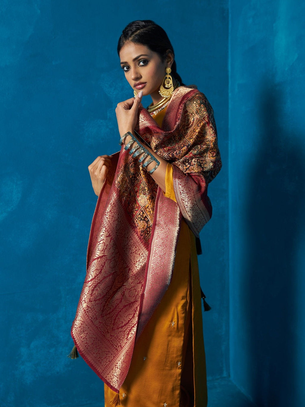 Likha Mustard Satin Silk Kurta Pant and Brocade Dupatta LIKSKD129 (Set of 3)
