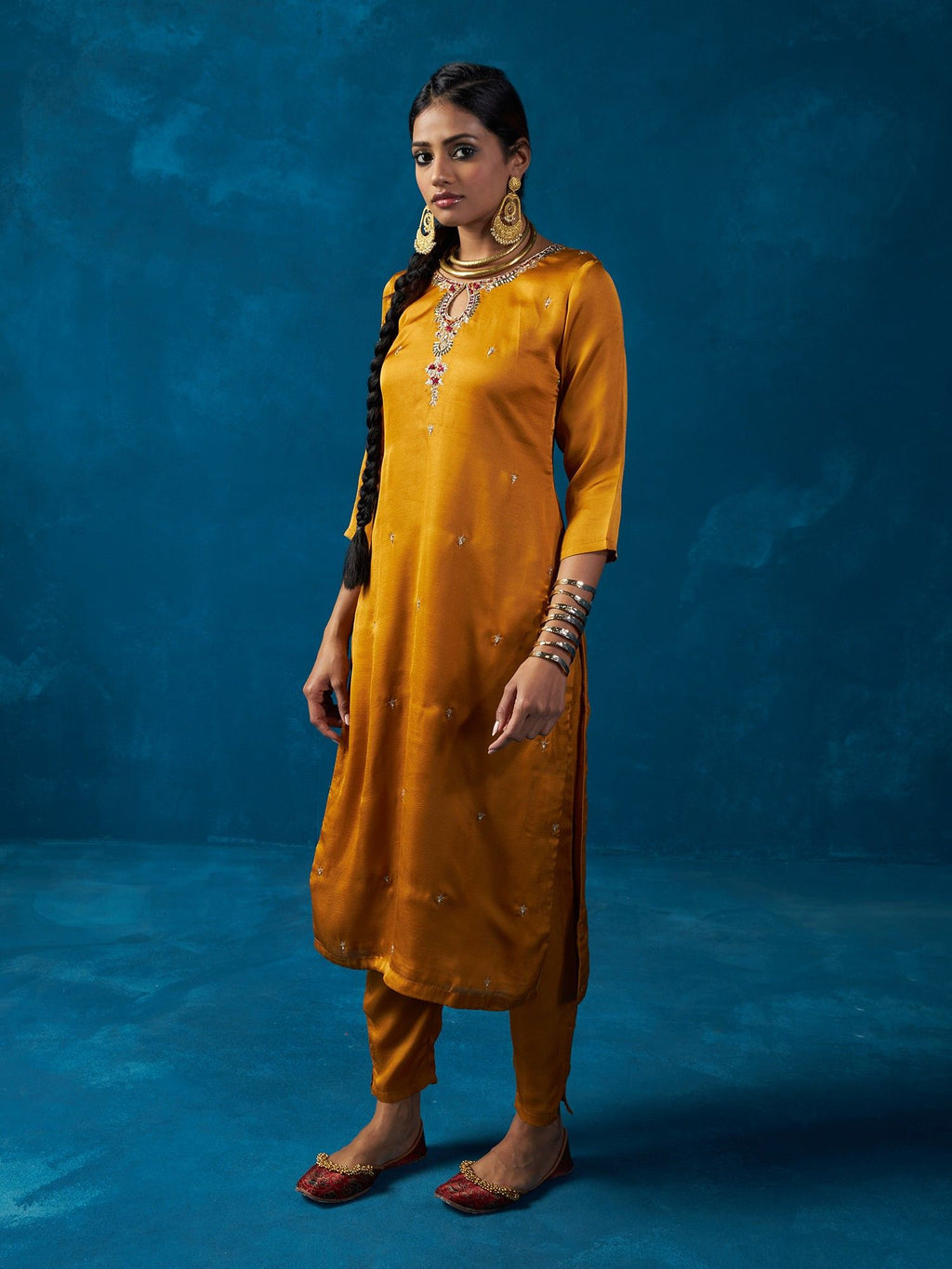 Likha Mustard Satin Silk Kurta Pant and Brocade Dupatta LIKSKD129 (Set of 3)