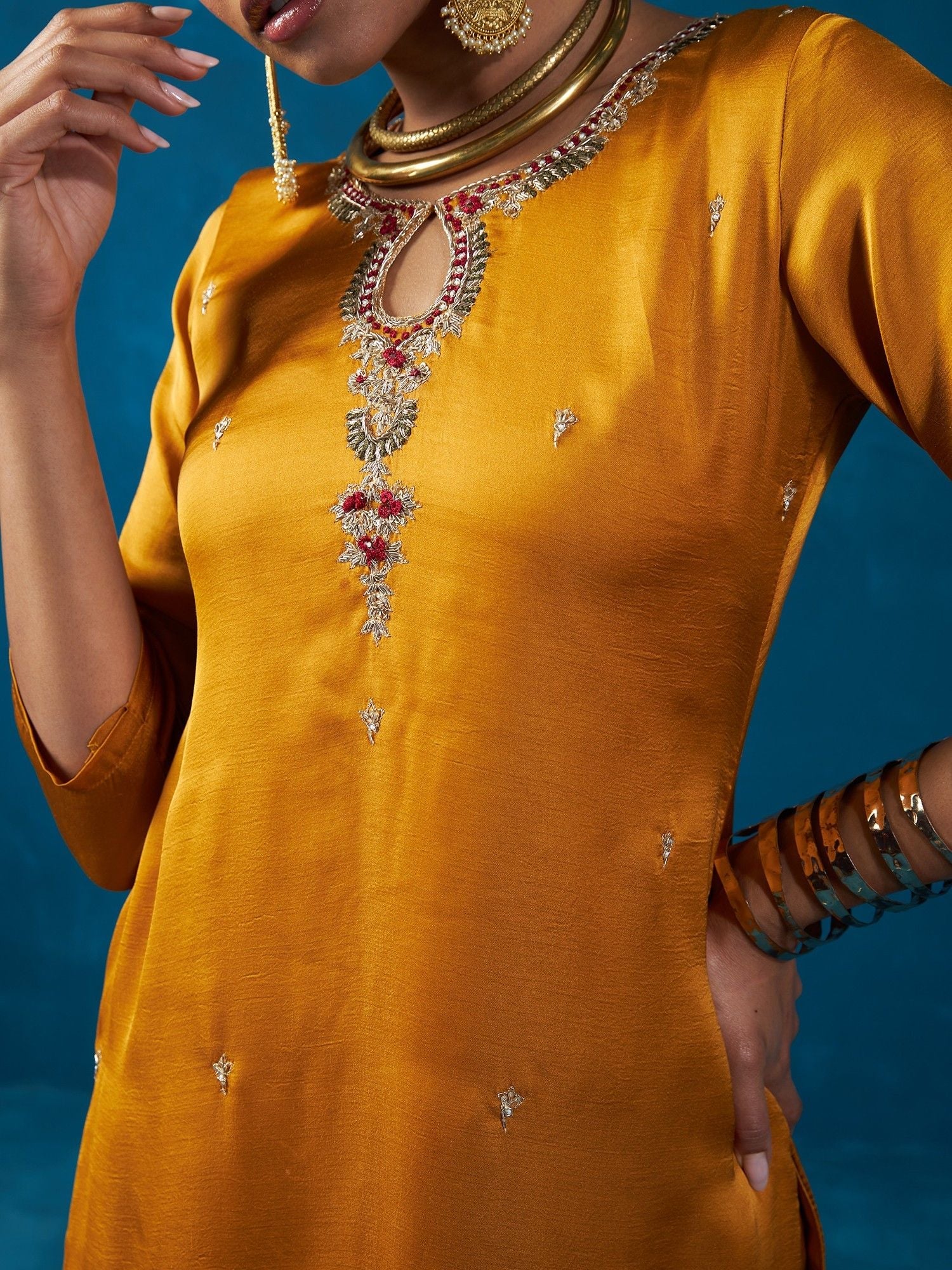 Likha Mustard Satin Silk Kurta Pant and Brocade Dupatta LIKSKD129 (Set of 3)