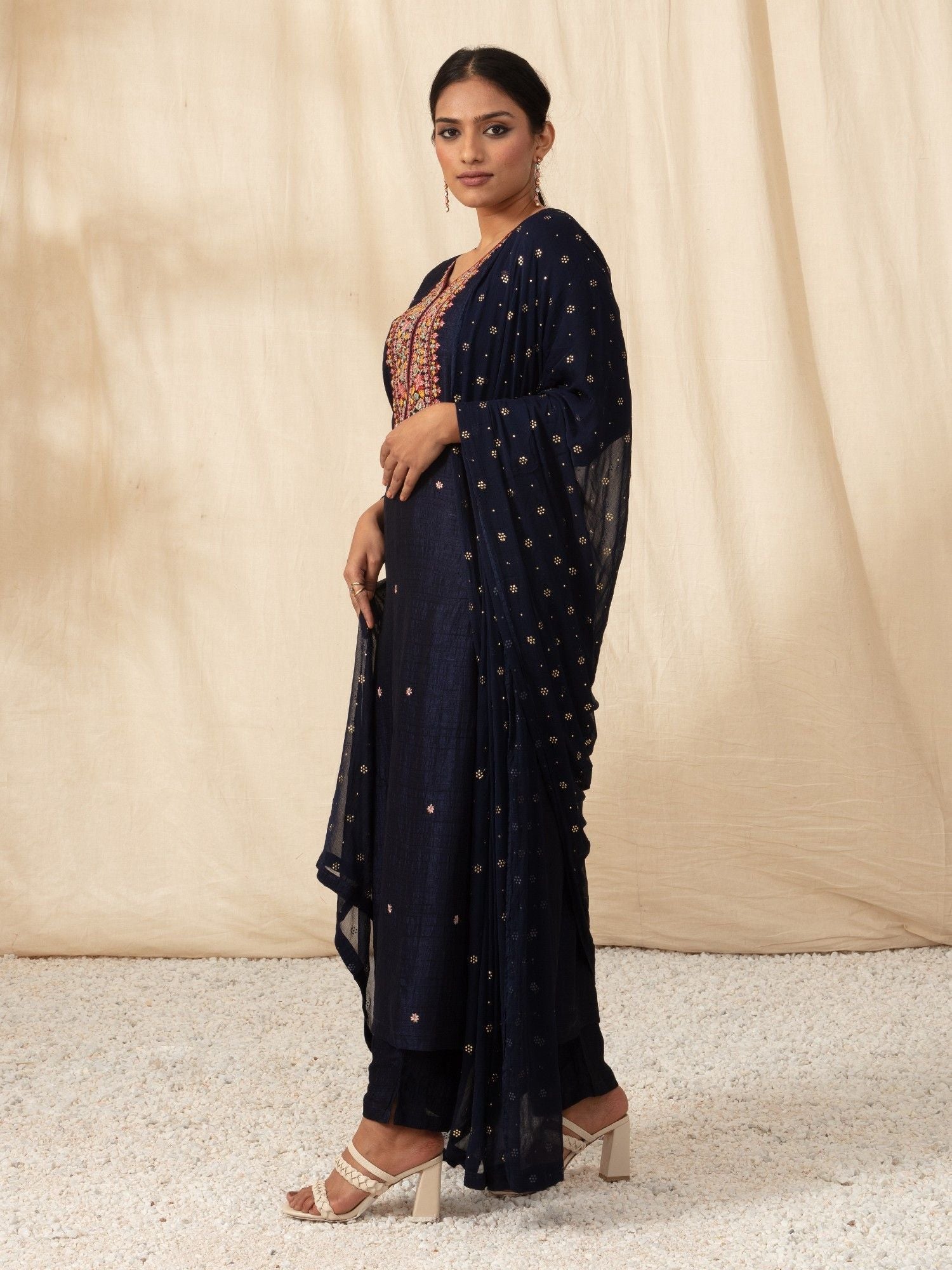 Likha Navy Blue Embellished and Sequined Kurta Pant and Dupatta LIKSKD55 (Set of 3)