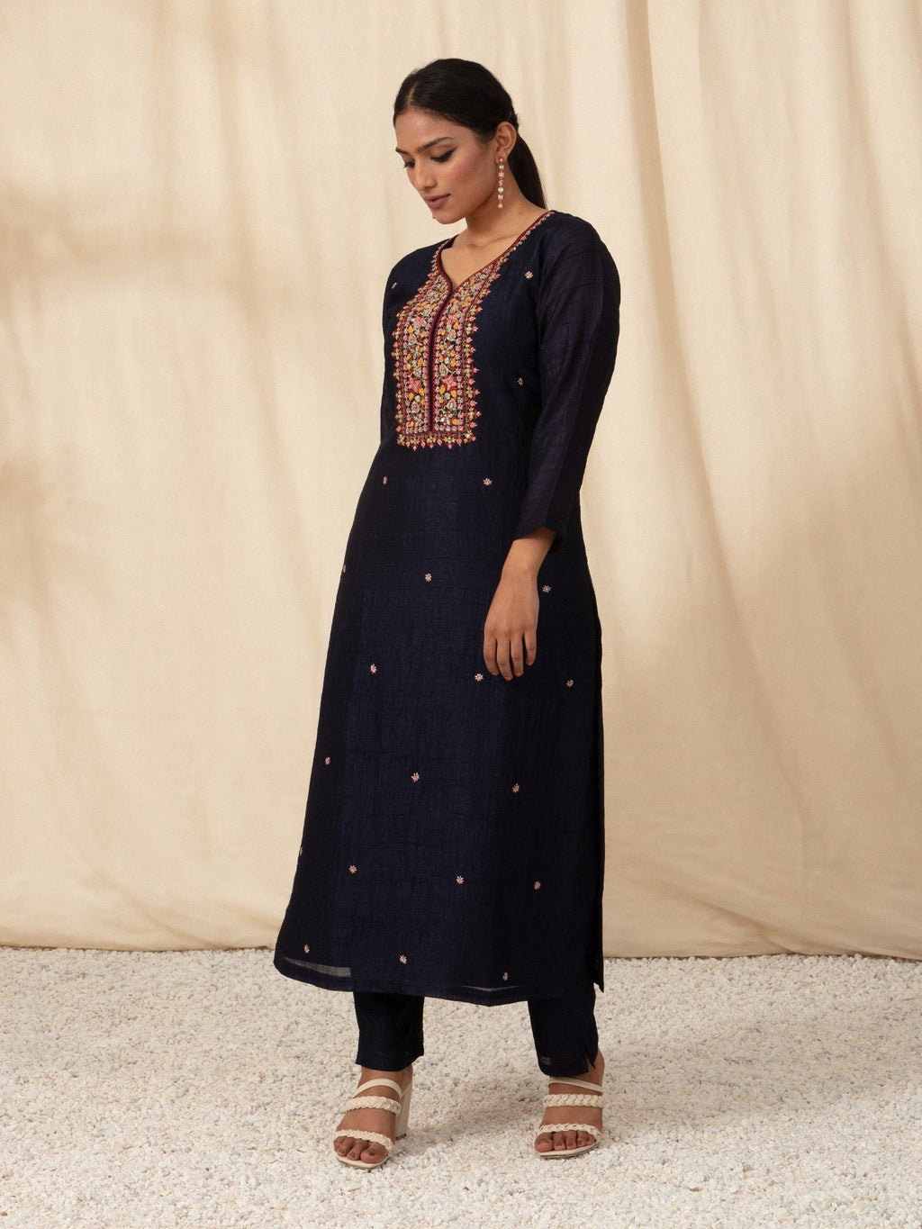 Likha Navy Blue Embellished and Sequined Kurta Pant and Dupatta LIKSKD55 (Set of 3)
