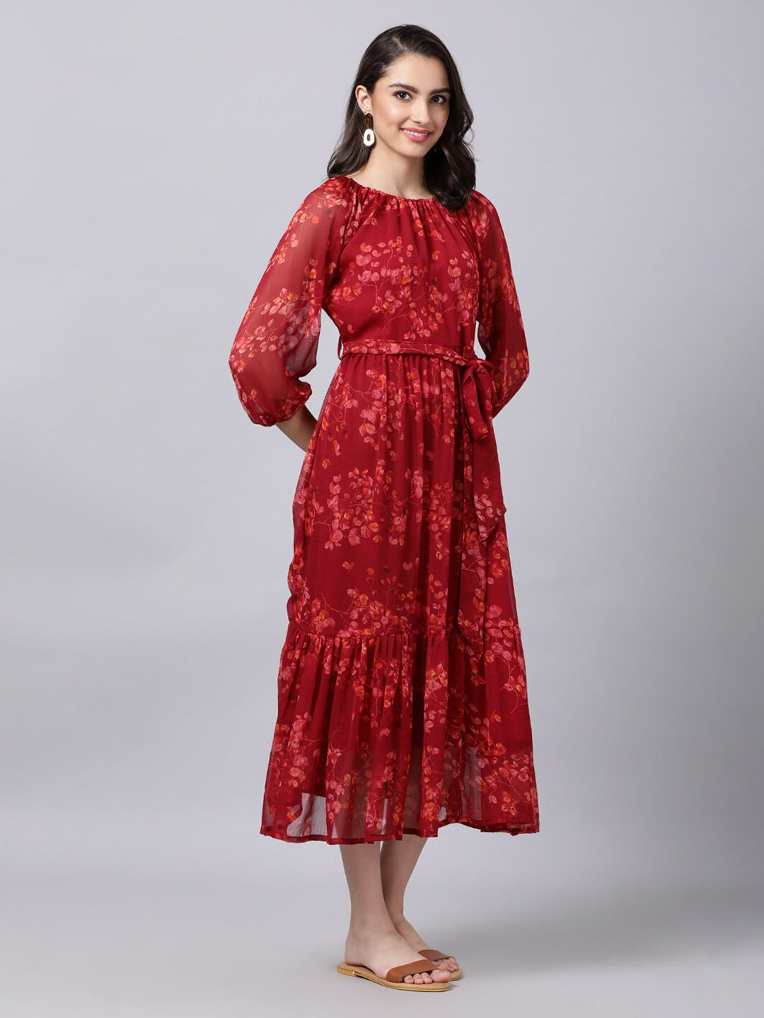 Souchii Maroon Floral Layered Chiffon A-Line Midi Dress
