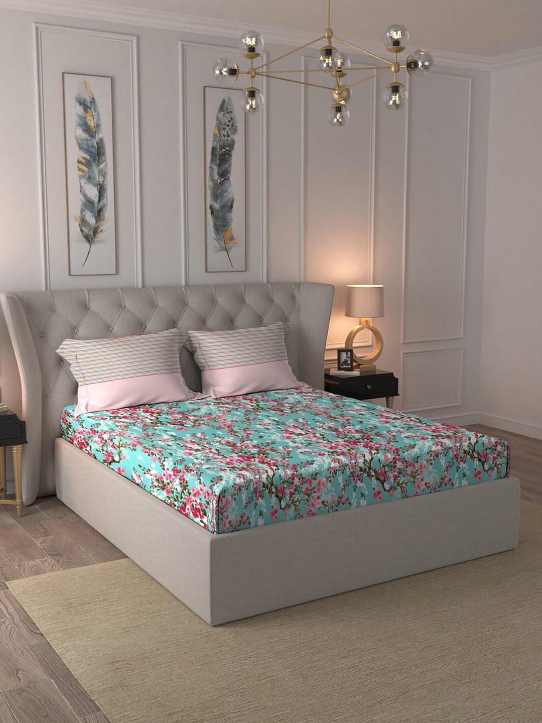 MYTRIDENT Turquoise Blue Pink Floral Pure Cotton 144 TC Queen Bedsheet 2 Pillow Covers