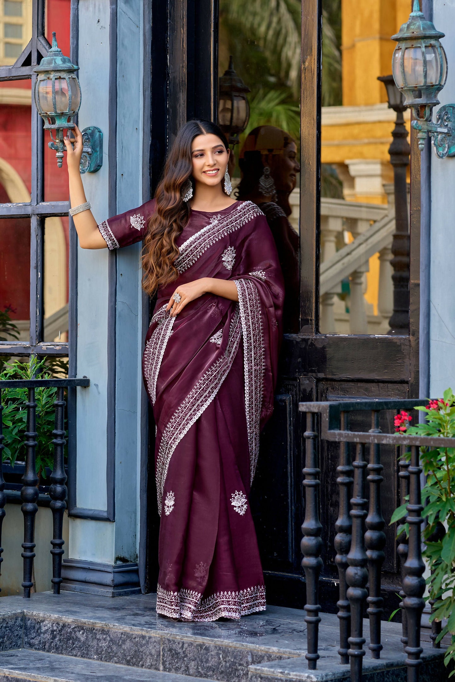 Vastranavya Wine Embroidery Work Shimmer Chiffon Saree with Unstitched Blouse