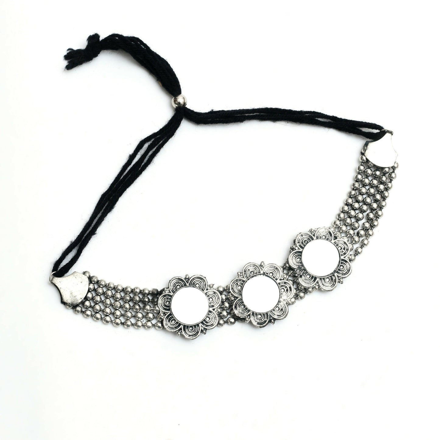 Mominos Fashion Johar Kamal Oxidised Silver-Plated Mirror Design Necklace Choker Set For Women