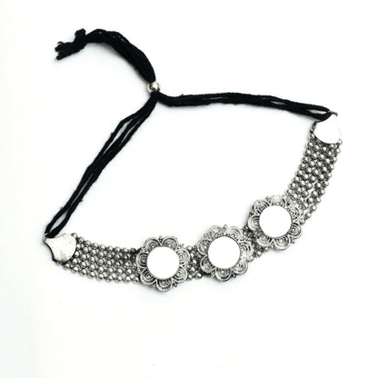 Mominos Fashion Johar Kamal Oxidised Silver-Plated Mirror Design Necklace Choker Set For Women