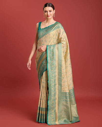 Monjolika Fashion Glamour And Tradition With This Beige Color Zari Woven Banarasi Tissue Silk Saree
