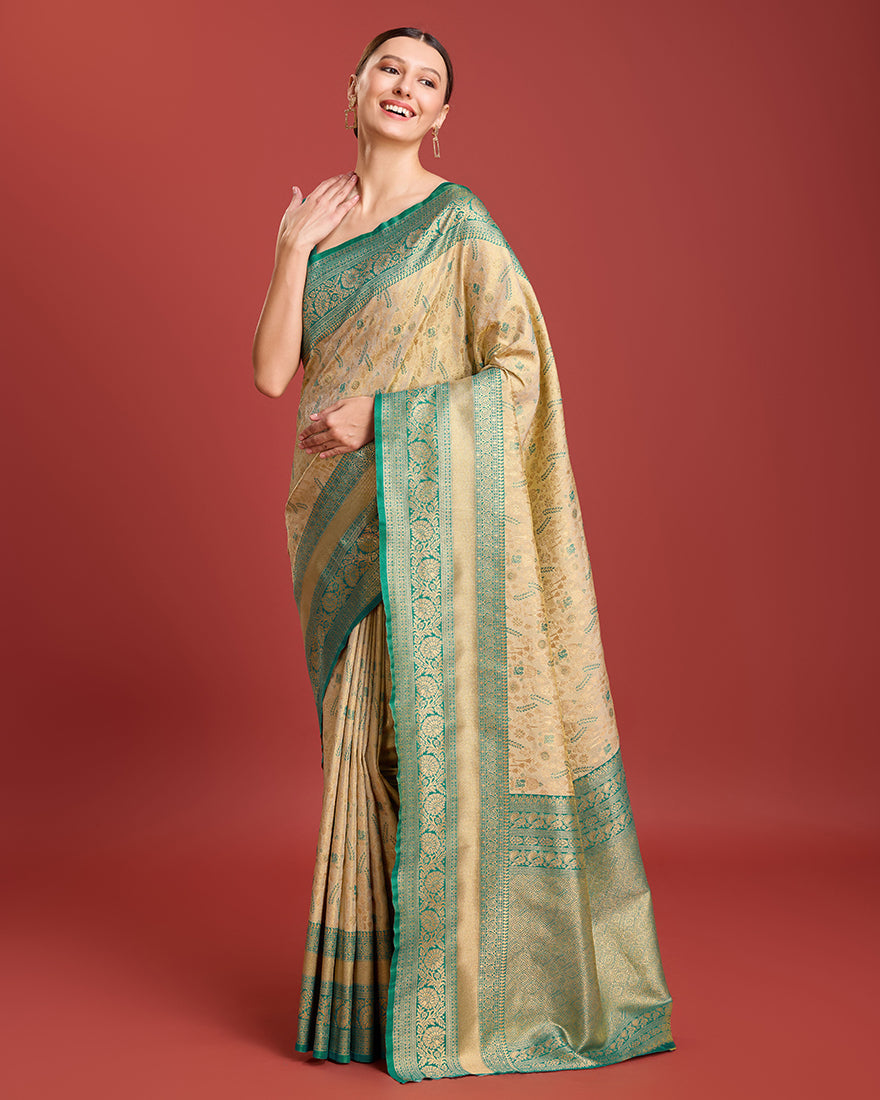 Monjolika Fashion Glamour And Tradition With This Beige Color Zari Woven Banarasi Tissue Silk Saree