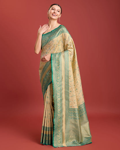 Monjolika Fashion Glamour And Tradition With This Beige Color Zari Woven Banarasi Tissue Silk Saree