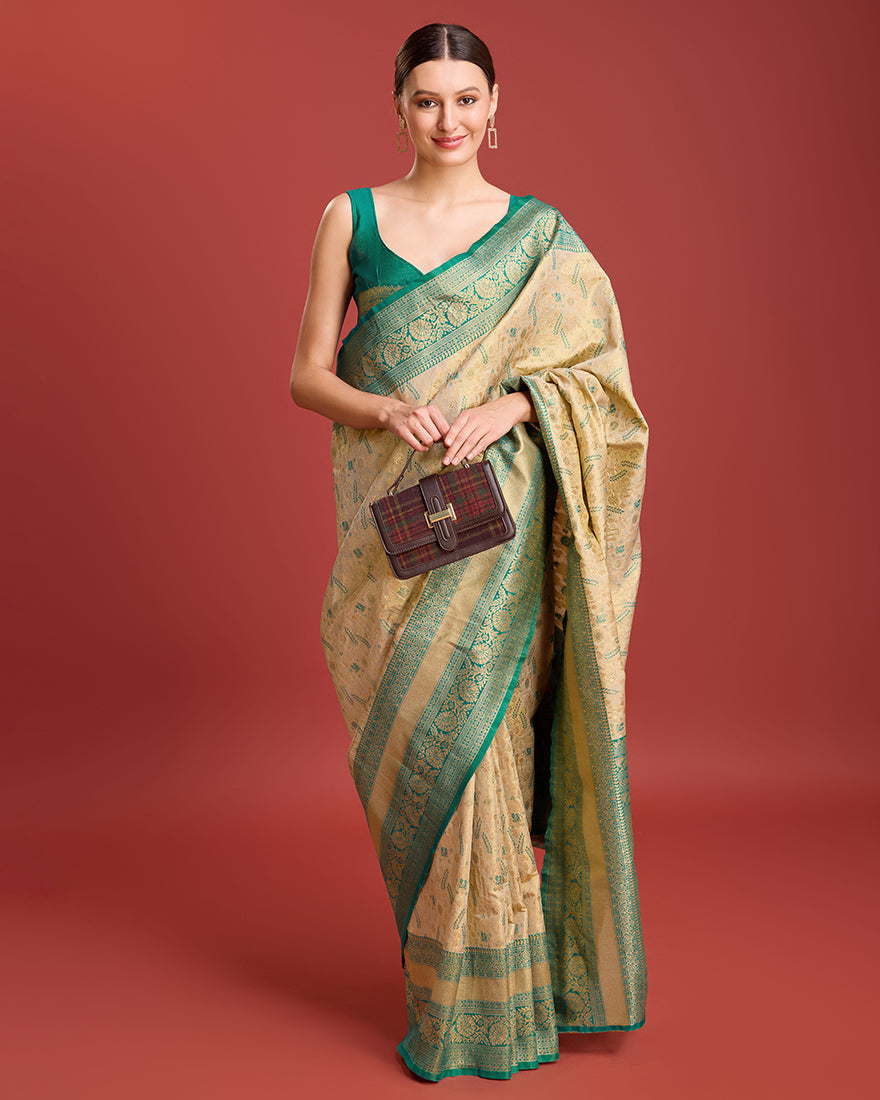 Monjolika Fashion Glamour And Tradition With This Beige Color Zari Woven Banarasi Tissue Silk Saree