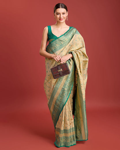 Monjolika Fashion Glamour And Tradition With This Beige Color Zari Woven Banarasi Tissue Silk Saree