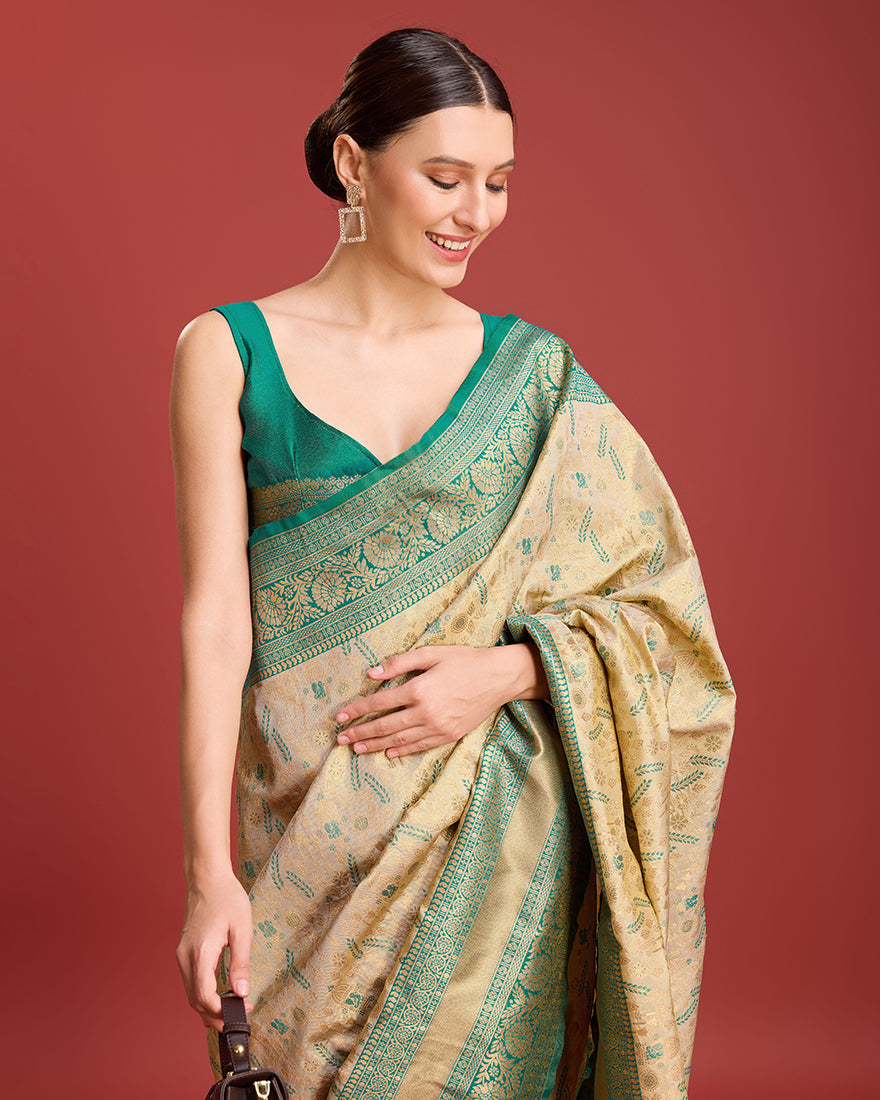 Monjolika Fashion Glamour And Tradition With This Beige Color Zari Woven Banarasi Tissue Silk Saree