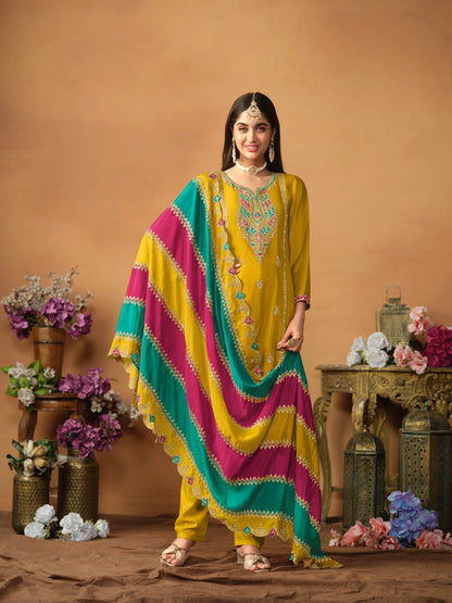 Anaita Mustard Embroidered Soft Organza Salwar Suit