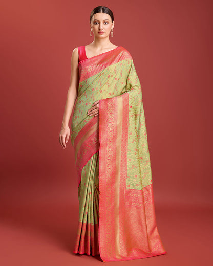 Monjolika Fashion Glamour And Tradition With This Pastel Green Color Zari Woven Banarasi Tissue Silk Saree