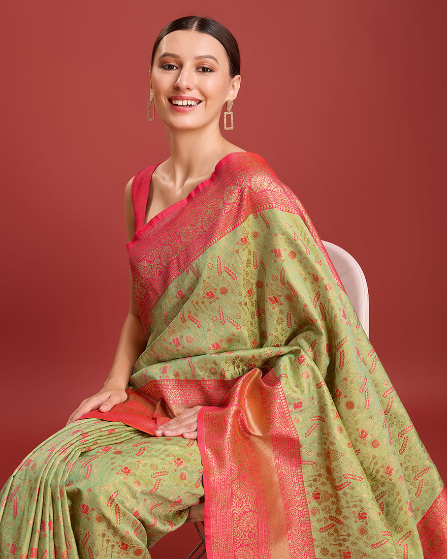 Monjolika Fashion Glamour And Tradition With This Pastel Green Color Zari Woven Banarasi Tissue Silk Saree