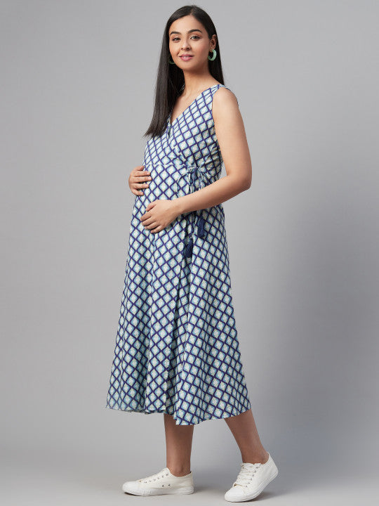 Anayna Women Blue & White Printed Maternity Wrap Dress