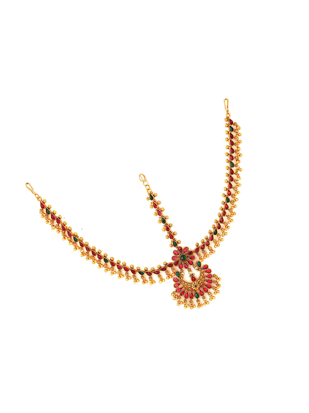 Yellow Chimes Gold-Toned Green Kundan Layered Temple Bridal Traditional Matha Patti