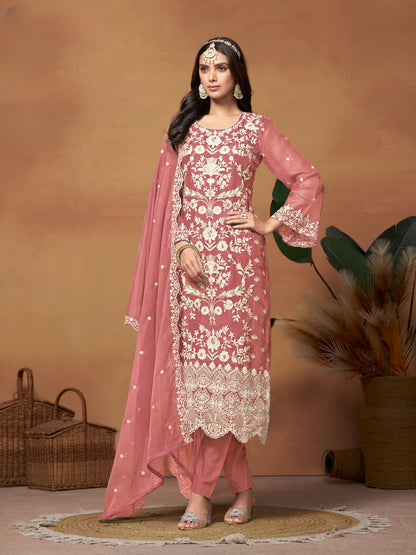 Anaita Peach Embroidered Soft Organza Salwar Suit