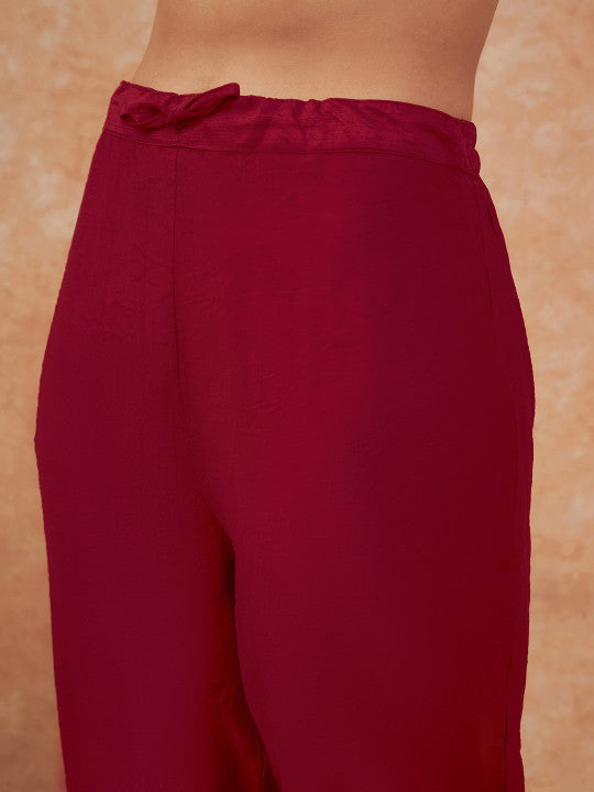 Sangria Maroon Floral Embroidered Straight Kurta With Trousers & Dupatta