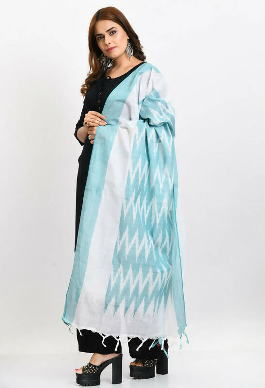 Mominos Fashion Moeza Women's Handloom Cotton Ikkat Sea Green Dupatta