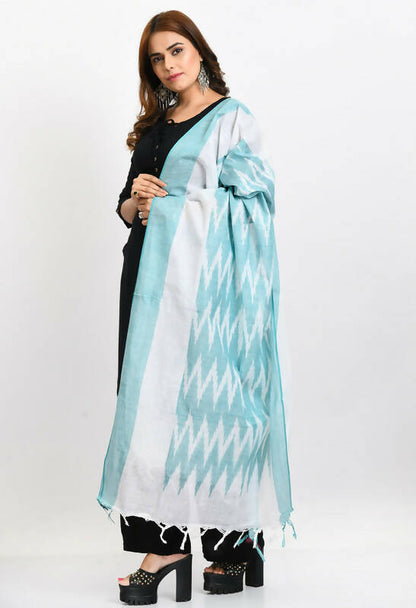 Mominos Fashion Moeza Women's Handloom Cotton Ikkat Sea Green Dupatta