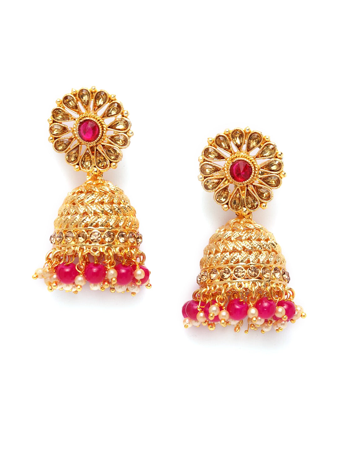 Shining Diva Gold-Polished Pink Dome Shaped Jhumkas