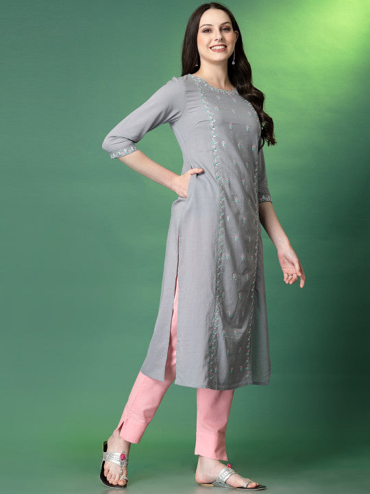 Sangria Floral Embroidered Cotton Straight Kurta