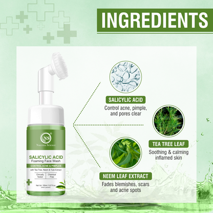 Nuerma Science Salicylic Acid Foaming Face Wash | Controls Acne & Pimples with Tea Tree, Neem & Tulsi Extract