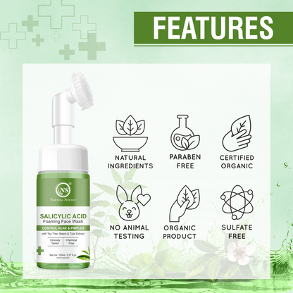 Nuerma Science Salicylic Acid Foaming Face Wash | Controls Acne & Pimples with Tea Tree, Neem & Tulsi Extract