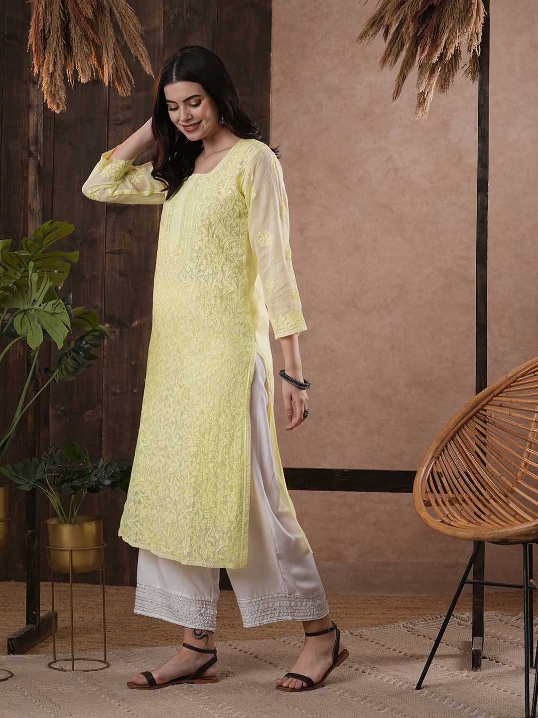 ADA Women Yellow & White Hand Embroidered Chikankari Sustainable Kota Handloom Kurta With Matching Slip