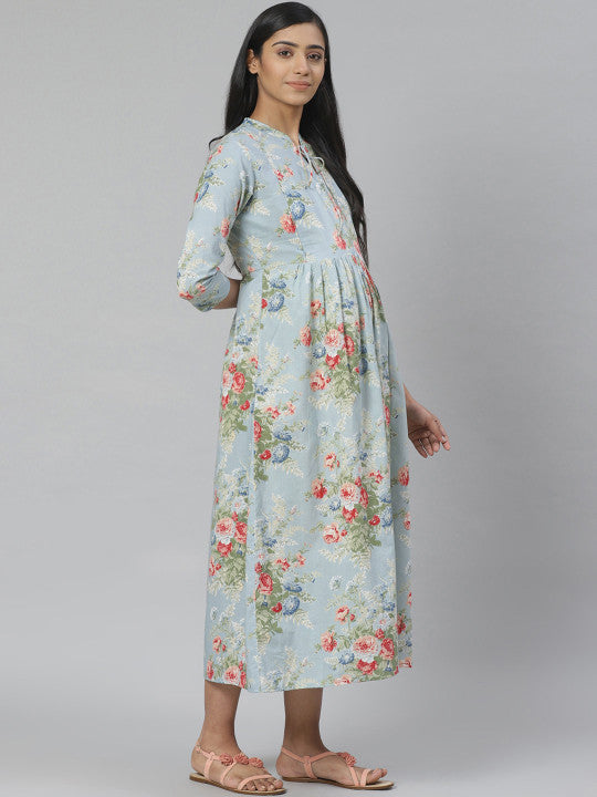 Anayna Blue & Green Floral Printed Pure Cotton Maternity A-Line Dress