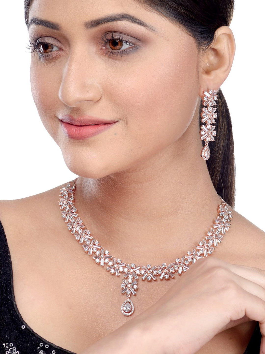 Saraf RS Jewellery Rose Gold-Polished American Diamond Studded Handcrafted Jewellery Set