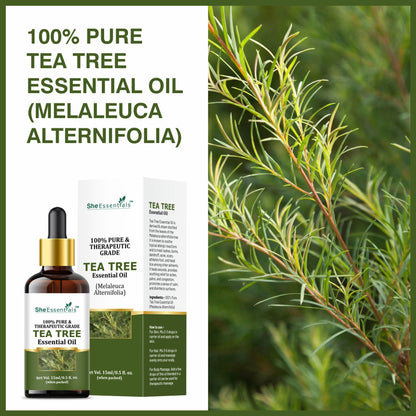 She Essentials Tea Tree Essential Oil For Active Acne & Pimples, Blemishes & Flakes, Organic & Pure