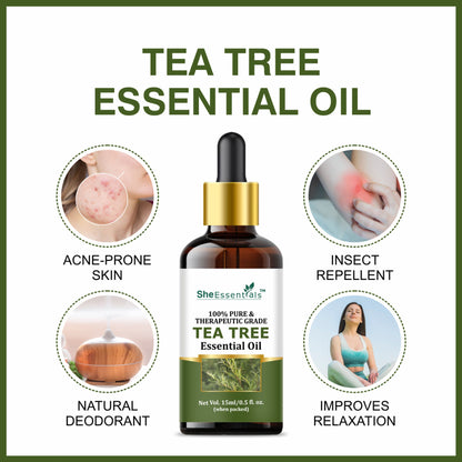 She Essentials Tea Tree Essential Oil For Active Acne & Pimples, Blemishes & Flakes, Organic & Pure