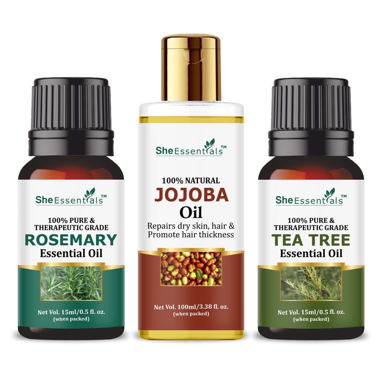 She Essentials Rosemary, Jojoba & Tea Tree Essential Oil For Hair Growth, Acne & Dandruff